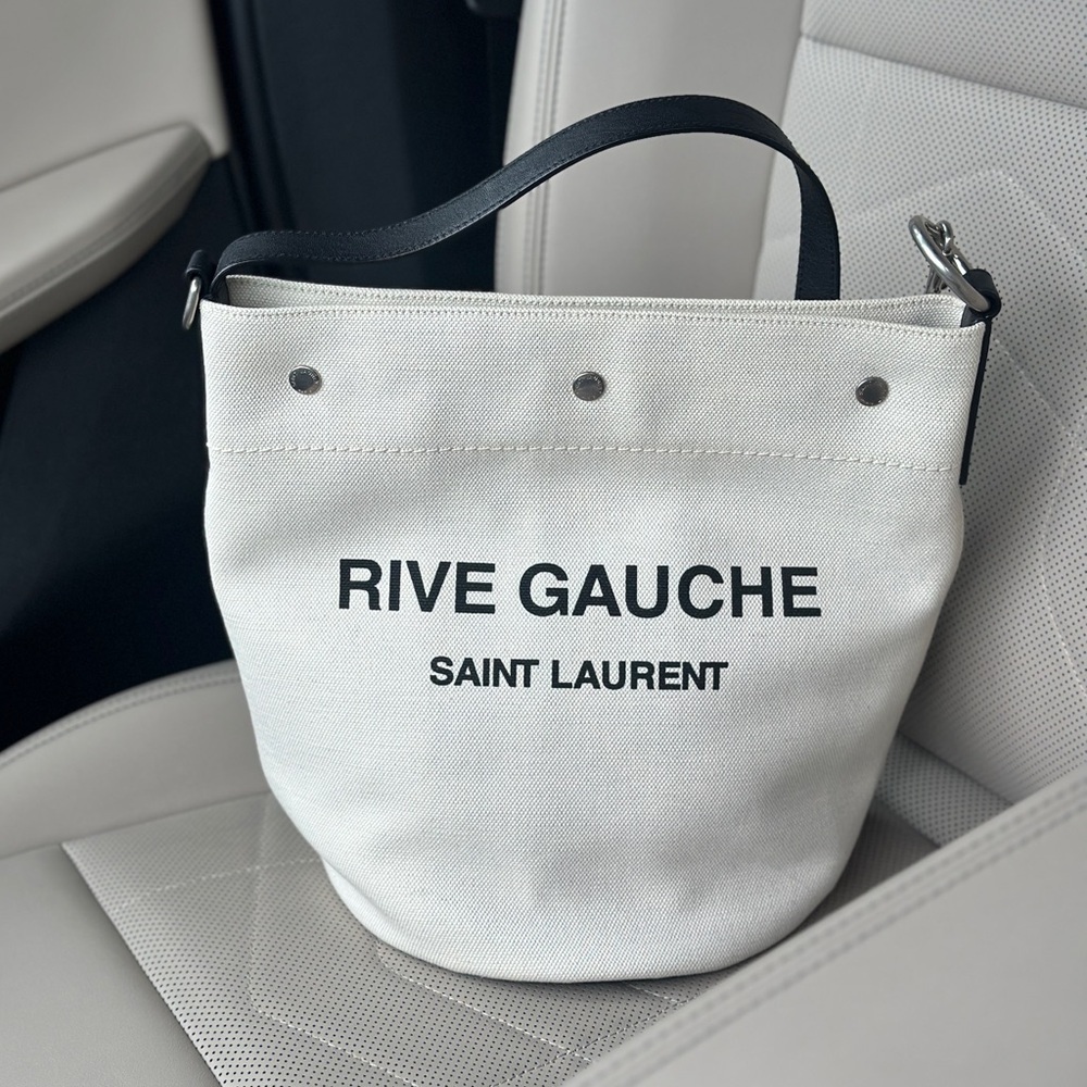 SAINT LAURENT Rive Gauche Bucket Bag in White Linen